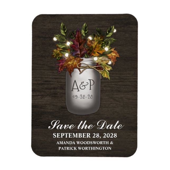 Fall Leaves Rustic Mason Jar Save the Date Magnets (Vertical)