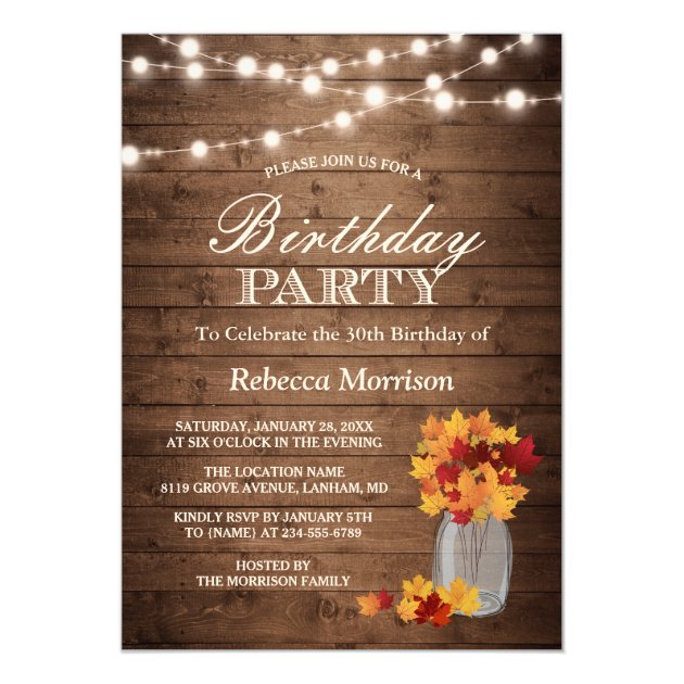 Fall Leaves Rustic String Lights Birthday Party Card (front side)