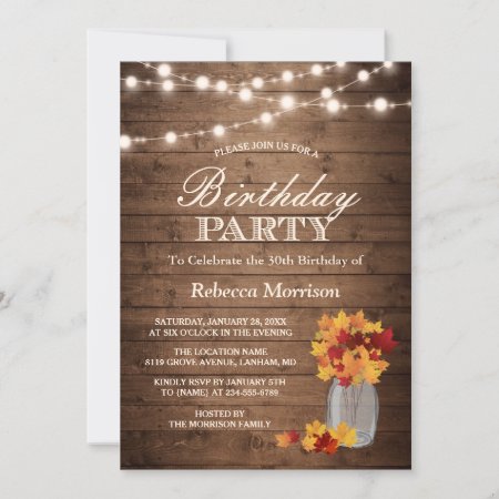 Fall Leaves Rustic String Lights Birthday Party Invitation