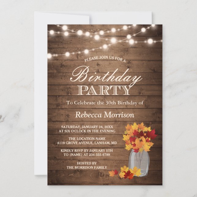 Fall Leaves Rustic String Lights Birthday Party Invitation (Front)