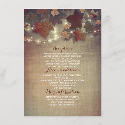 Fall Leaves Rustic Wedding Details - Information Enclosure Card - Burgundy maple leaves and string of lights rustic burlap fall wedding information insert - guest card