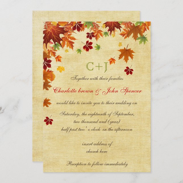 Fall Leaves Rustic Wedding Invitation (Front/Back)
