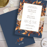 Fall Leaves Rustic Wedding Invitation<br><div class="desc">Navy BlueTerracotta Fall Leaves Wedding Invitation. This elegant wedding invitation features beautiful hand-painted watercolor burnt orange, copper, terracotta leaves, cream and beige dahlias, and beautiful rust and brown roses on a navy blue background, perfect for an autumn wedding! The back of the invite has a beautiful branch of leaves with...</div>