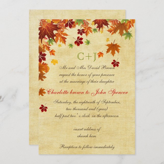 Fall Leaves Rustic Wedding Invitation (Front/Back)