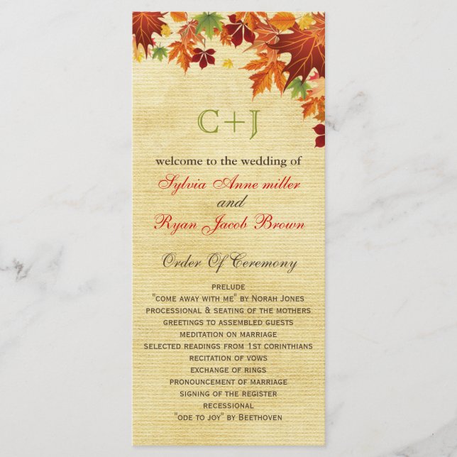 Fall Leaves Rustic Wedding Program (Front)