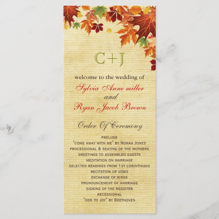 Fall Wedding Program Personalized Printable or Printed with FREE Shipping Rustic Leaves Collection