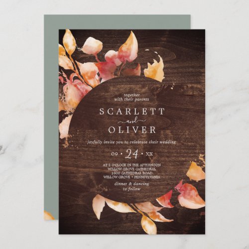 Fall Leaves  Rustic with Details on Back Wedding Invitation