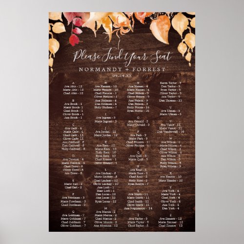 Fall Leaves Rustic Wood Alphabetical Seating Chart