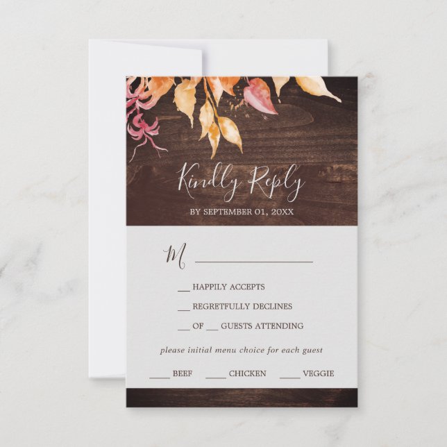 Fall Leaves | Rustic Wood Menu Choice RSVP Card (Front)