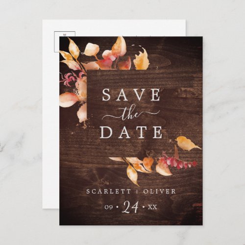 Fall Leaves  Rustic Wood Save the Date Postcard