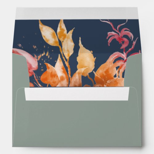 Fall Leaves  Sage Green  Navy Blue Invitation Envelope