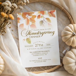 Fall Leaves Script Rustic Thanksgiving Dinner Invitation