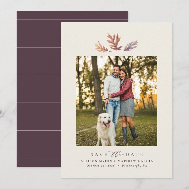 Fall leaves simple one photo elegant autumn plum save the date (Front/Back)