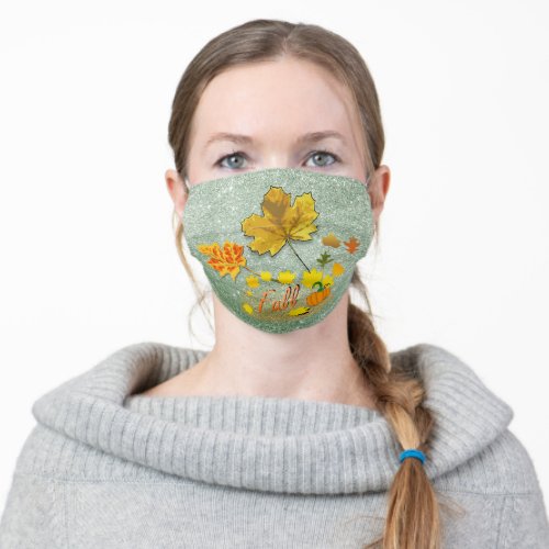 Fall Leaves Soft Green Faux Glitter Adult Cloth Face Mask
