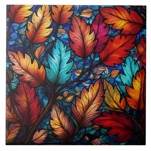 Fall Leaves Stained Glass  Ceramic Tile (Front)