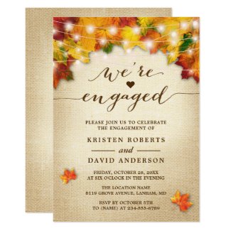 Fall Leaves String Lights Burlap Engagement Party Card