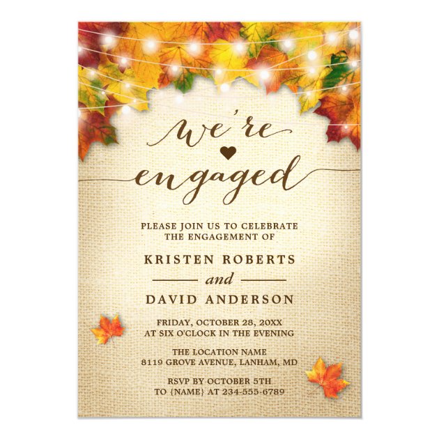 Fall Leaves String Lights Burlap Engagement Party Card