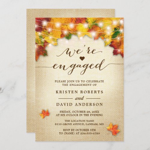 Fall Leaves String Lights Burlap Engagement Party Invitation