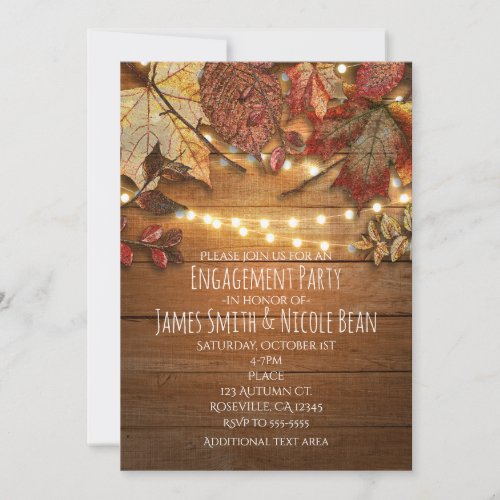 Fall Leaves  String Lights on Rustic Wood Invitation