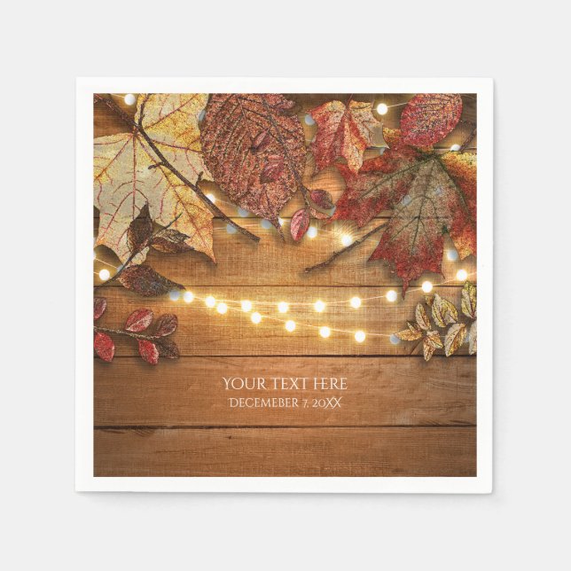 Fall Leaves & String Lights on Rustic Wood Napkins (Front)