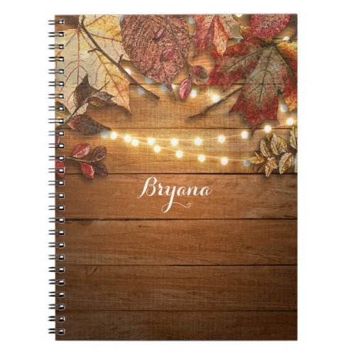Fall Leaves  String Lights on Rustic Wood Notebook