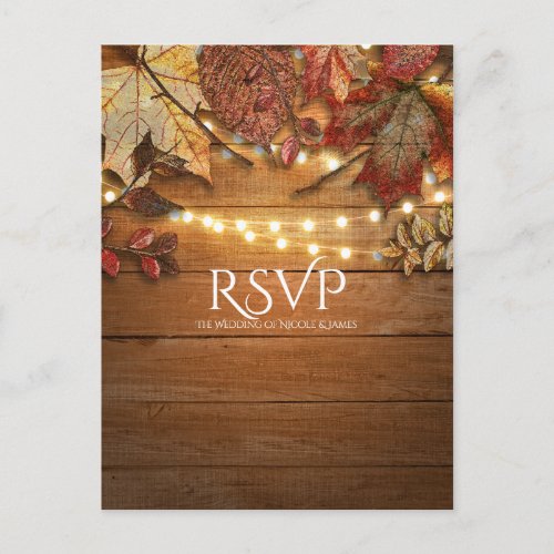Fall Leaves  String Lights on Rustic Wood RSVP Invitation Postcard