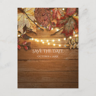Fall Leaves & String Lights Rustic Save The Date Announcement Postcard