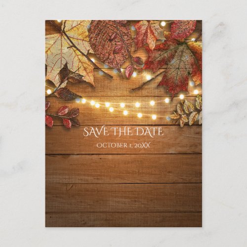 Fall Leaves  String Lights Rustic Save The Date Announcement Postcard