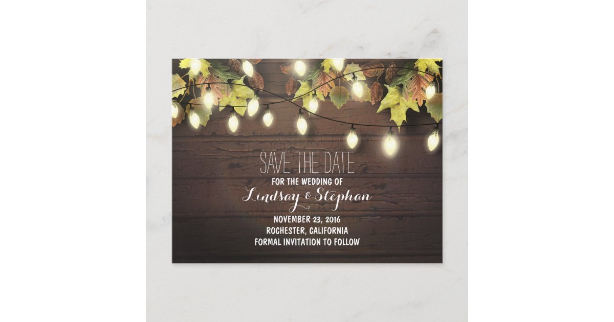Fall Leaves String Lights Save The Date Postcard Zazzle Com