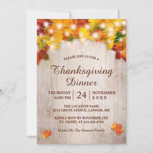 Fall Leaves String Lights Thanksgiving Dinner Invitation (Front)