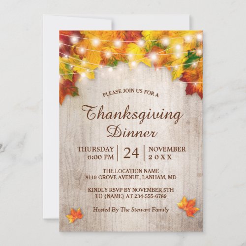 Fall Leaves String Lights Thanksgiving Dinner Invitation