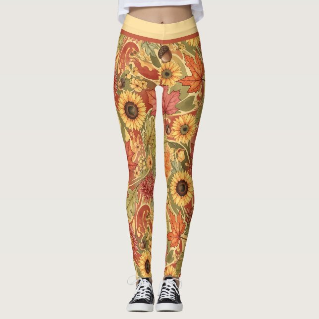 Fall Leaves, Sunflower, Acorn Pattern Leggings (Front)