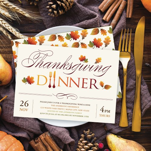 Fall Leaves Thanksgiving Dinner Wine  Dine Party Invitation