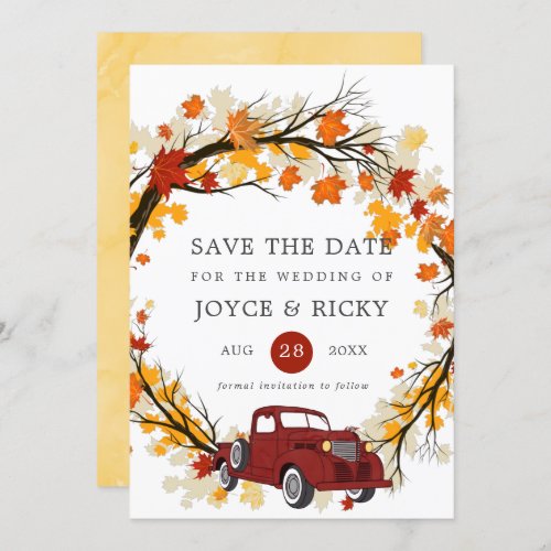 Fall Leaves Vintage Truck Save The Date Wedding  I Invitation