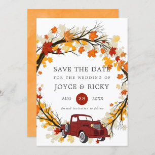 Fall Leaves Vintage Truck Save The Date Wedding  I Invitation