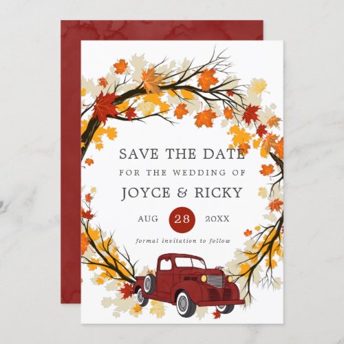 Fall Leaves Vintage Truck Save The Date Wedding  Invitation