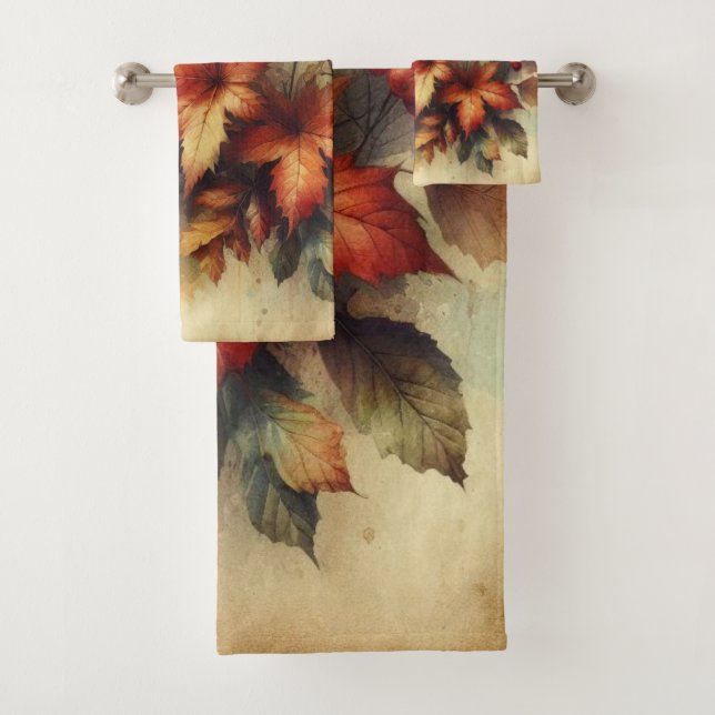 Fall leaves vintage watercolor autumn colors  bath towel set (Insitu)