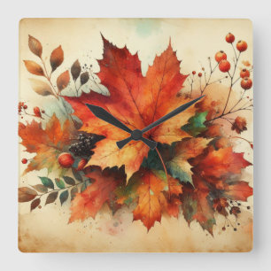 Fall leaves vintage watercolor autumn colors square wall clock