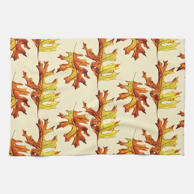 Fall Leaves Watercolor Pattern Kitchen Towel (Horizontal)
