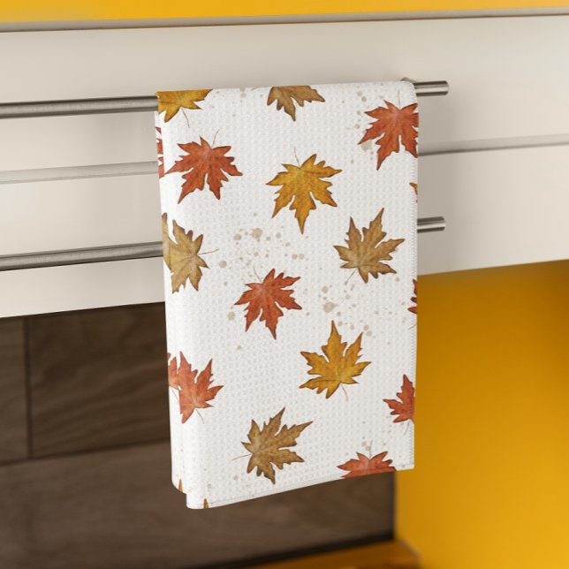 Fall Leaves Watercolor Pattern  Kitchen Towel (Fall autumn leaves pattern gold and brown kitchen towel.)