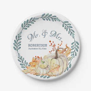 Fall Leaves Watercolor Pumpkin Rustic Barn Wedding Paper Plates