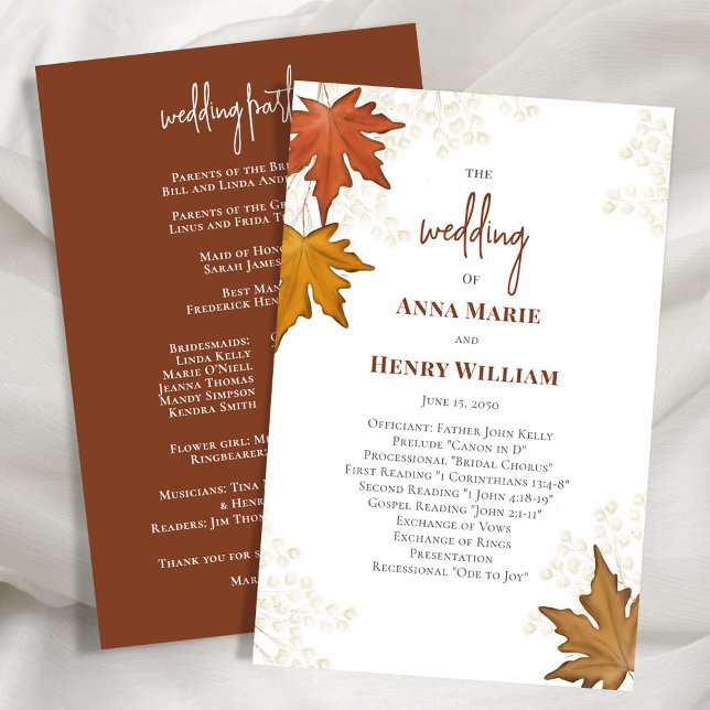 Fall Leaves Wedding Ceremony Program (Fall leaves autumn watercolor wedding ceremony program.)