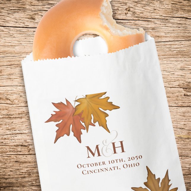 Fall Leaves Wedding Monogram Custom Favor Bag (Fall leaves wedding favor treat bag.)