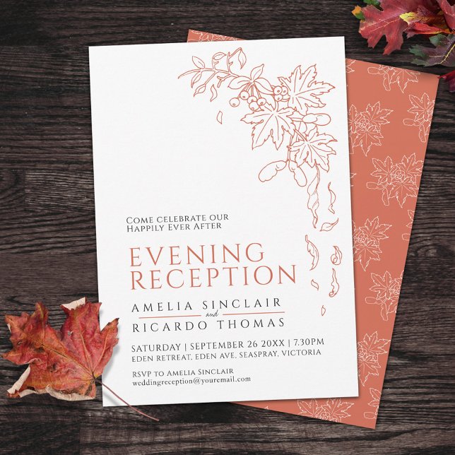 Fall leaves wedding reception burnt orange white invitation (Creator Uploaded)