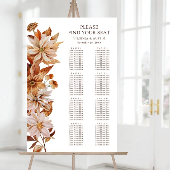 Fall Leaves Wedding Seating Chart Foam Board (Fall Leaves Floral Wedding Seating Chart Foam Board by Painted Paperie
)