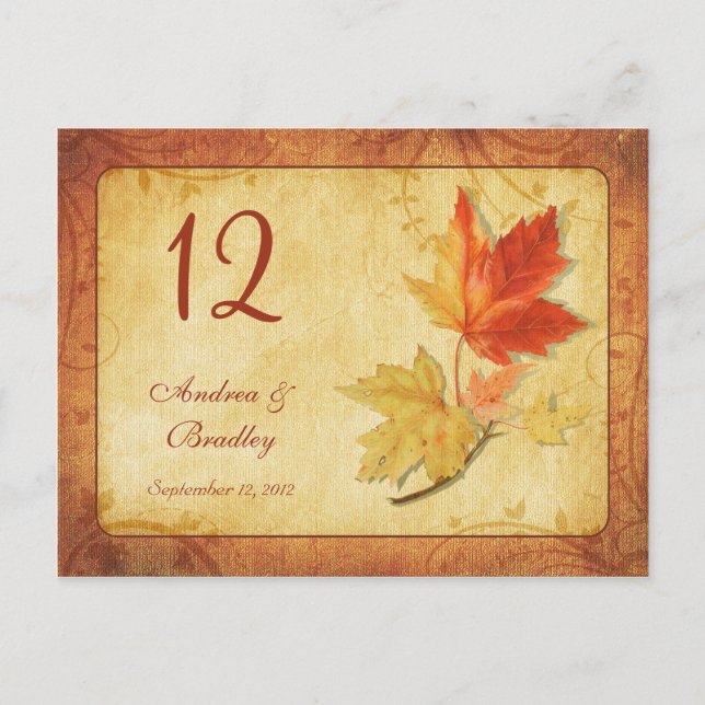 Fall Leaves Wedding Table Number Card (Front)