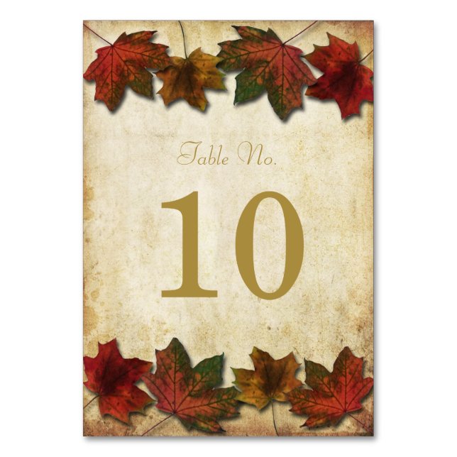 Fall Leaves Wedding Table Number Cards (Front)