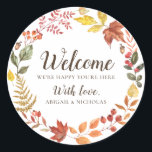 Fall Leaves Wedding Welcome Sticker Bag Label<br><div class="desc">Beautiful wedding welcome sticker features pretty watercolor fall leaves. This floral design is perfect for creating autumn-inspired or rustic wedding stationery! Make it your own with ease by plugging in your info. An elegant and dainty fall sticker template to make the occasion so much more special.</div>