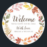 Fall Leaves Wedding Welcome Sticker Bag Label<br><div class="desc">Beautiful wedding welcome sticker features pretty watercolor fall leaves. This floral design is perfect for creating autumn-inspired or rustic wedding stationery! Make it your own with ease by plugging in your info. An elegant and dainty fall sticker template to make the occasion so much more special.</div>