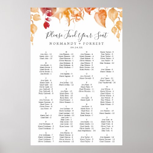 Fall Leaves  White Alphabetical Seating Chart